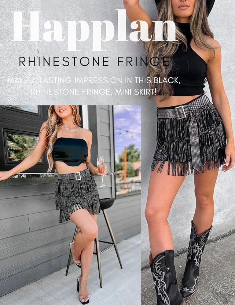 Amazon.com: happlan Women's Rhinestone Fringe Mini Skirt